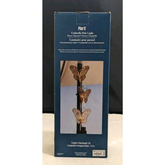 Pier 1 Umbrella Pole Light Battery Op 5Ft Cord 3 Butterfly Lights 6 Hr Timer NIB - Picture 6 of 7